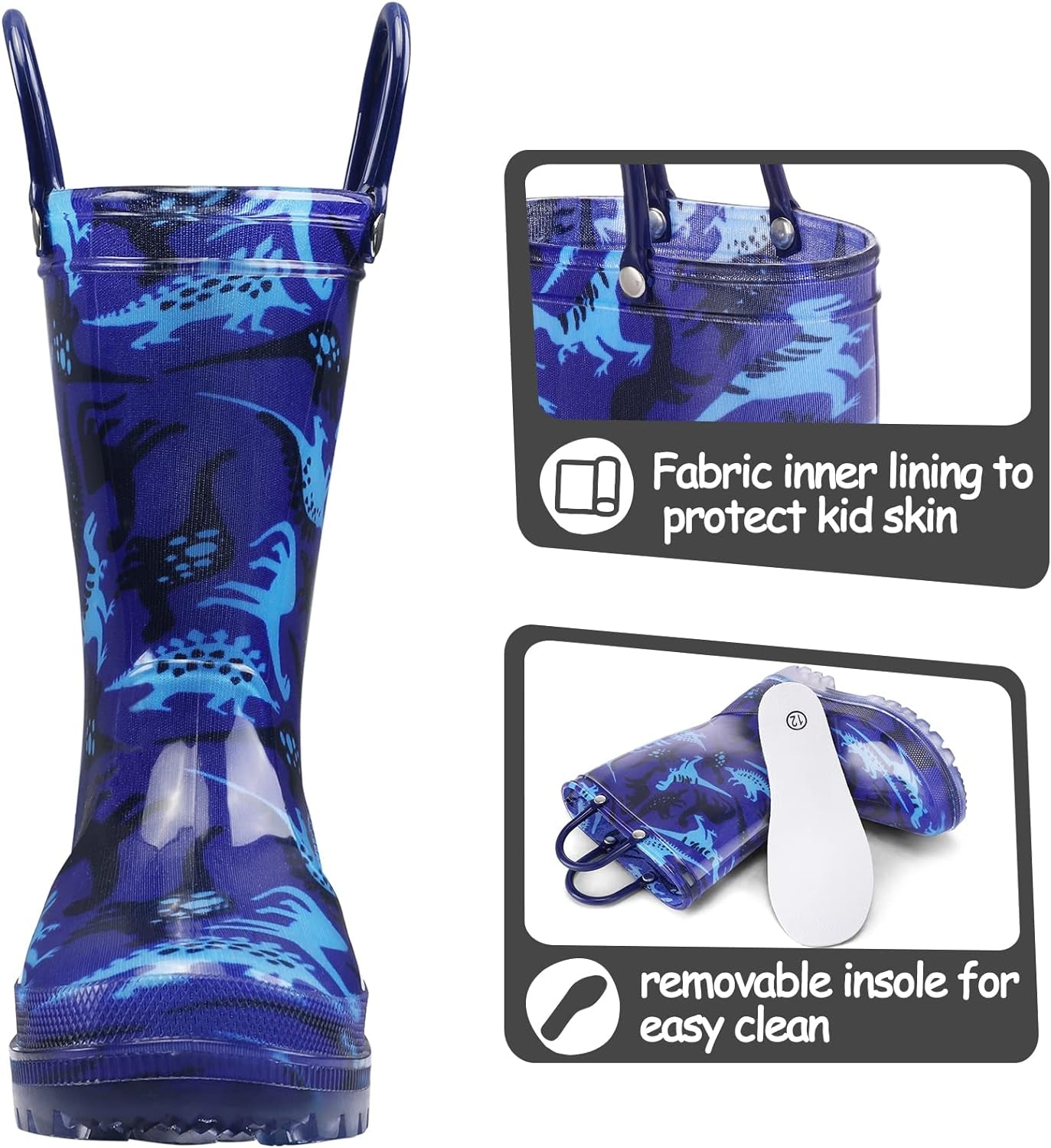 Kids Rain Boots, Waterproof Light up Boots with Easy-On Handles