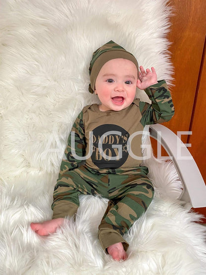 Daddy'S Baby Boys' 3PCS Outfit Set Romper Camouflage Pants with Hat