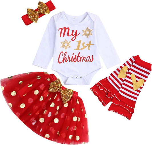 My First Christmas Clothes Baby Girls My 1St Christmas Romper Top+Dot Tutu Skirt+Leg Warmers+Headband 4Pcs Outfit Set